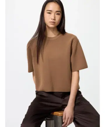 UNIQLO 워셔블 밀라노 리브 스웨터 브라운 반팔 니트 S