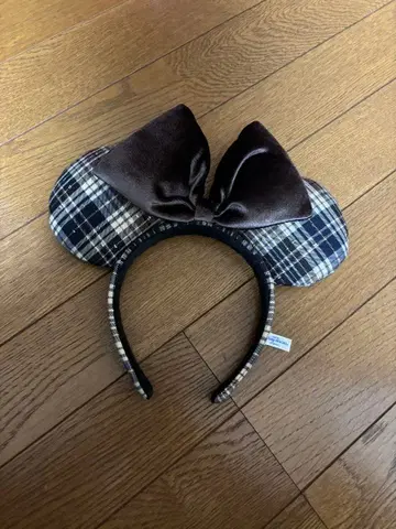 디즈니 머리띠 체크 무늬 브라운 리본