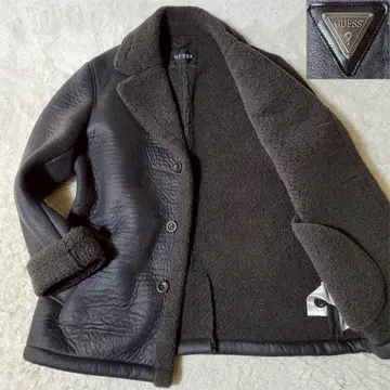 새상품급 GUESS 게스 블랙 페이크 무스탕 코트 보아 로고 플레이트 L