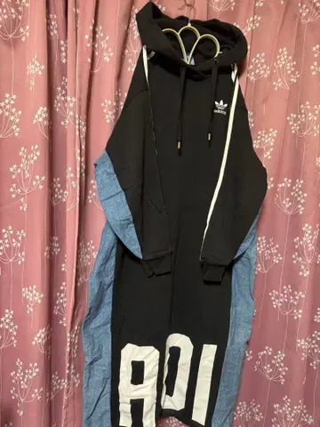 리메이크 adidas 후드 부착 롱 원피스 블랙 데님