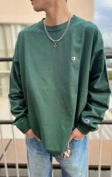 챔피온 롱 슬리브 T셔츠 / 다크 그린 / XL