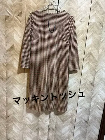 매킨토시 브라운 체크 무늬 긴팔 무릎 기장 원피스