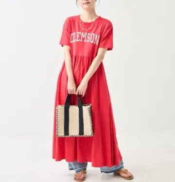 FREAK'S STORE 허리 절개 로고 반팔 원피스 레드