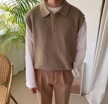 베이지 피케 셔츠풍 슬리브리스 베스트