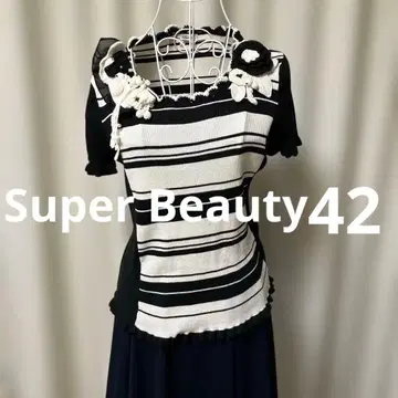 Super Beauty 슈퍼뷰티42 보더 꽃 자수 반팔 상의