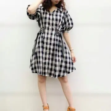 RADYAZEL 허리 벨트 셔츠 카라 체크 원피스 네이비