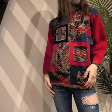 레트로 y2k 손뜨개질풍 자수 스웨터 크루넥