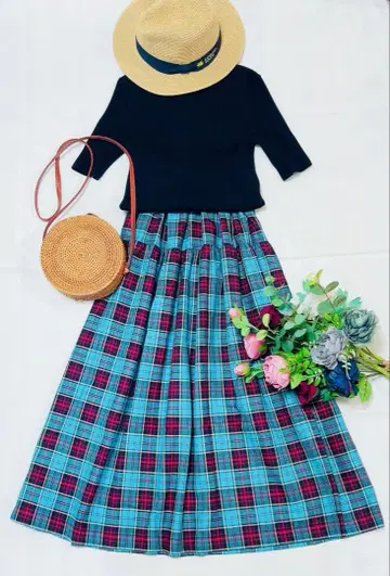 handmade 맥시 길이 2단 캉캉 스커트 속기모 오버 체크 무늬/블루