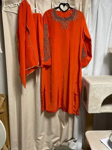 오렌지 비즈 자수 판자비 드레스