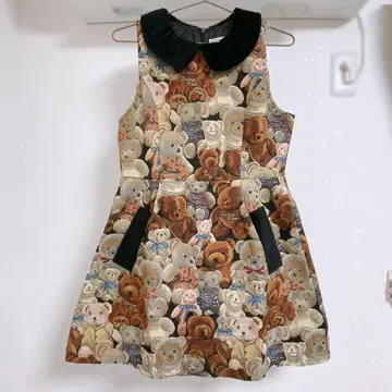 곰 패턴 고블랑 직조풍 슬리브리스 원피스 프리 사이즈