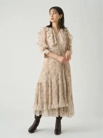 SNIDEL 프릴 플리츠 프린트 원피스