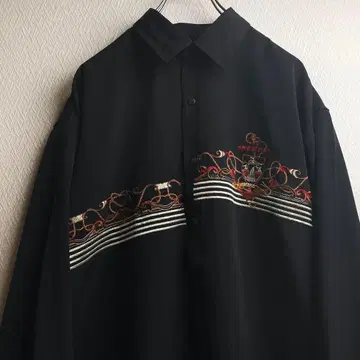 레트로 구제 의류 셔츠 자수 디자인 셔츠 블랙 긴팔