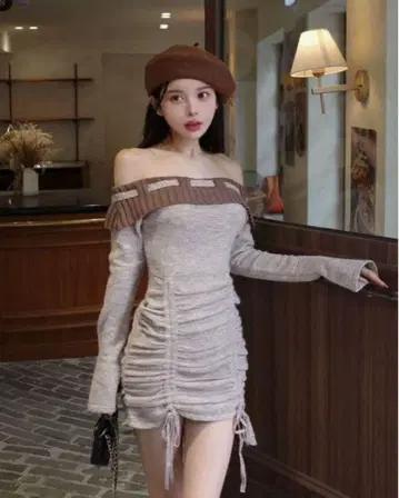 Darich 오프숄더 스티치 니트 미니 원피스 FL