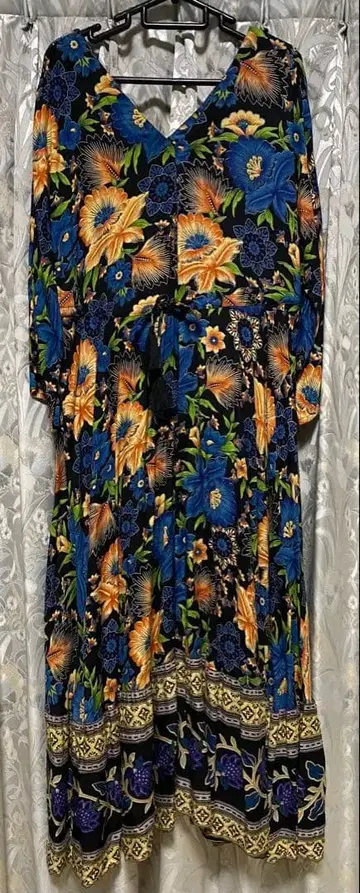 차이하네 빈티지풍 꽃무늬 롱 원피스 블랙