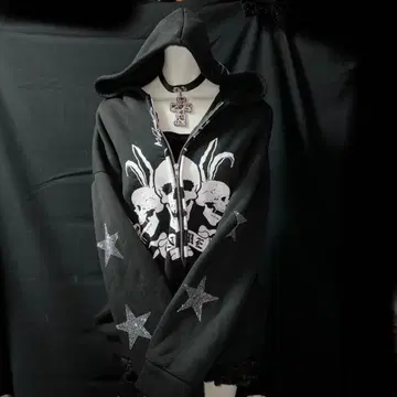 헤이세이 갸루 Y2K 그런지 후드티 다크코어 스컬 스톤