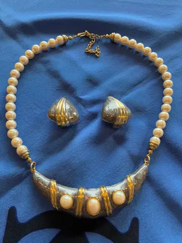 연한 퍼플 골드 펄 목걸이 & 귀찌 세트