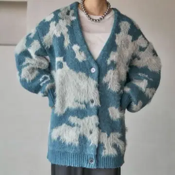 LEPSIM 렙심 5게이지 패턴 샤기 V넥 가디건 블루