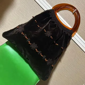 쇼와 레트로 벨로아 니트 x 우드비즈 클리어 핸들 백 빈티지