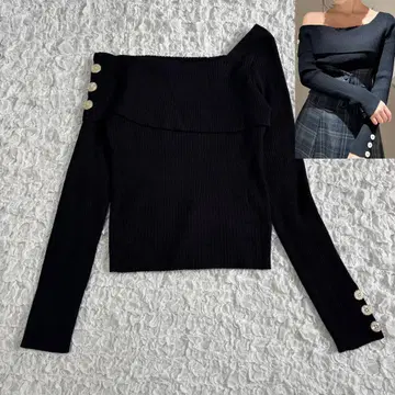 dazzlin 더블린 오프숄더 언밸런스 버튼 니트탑