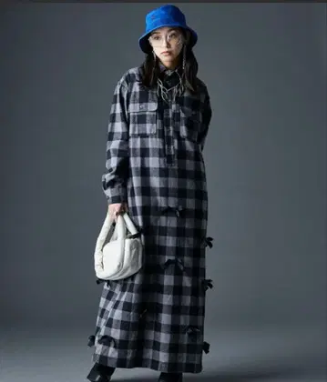리본 블록 체크 셔츠 맥시 원피스