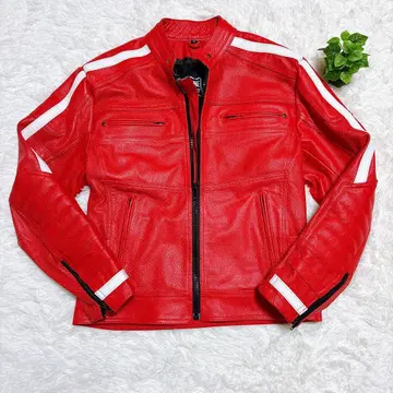 GENUINE Leather 라이더 자켓 천연 가죽 레드 남성 L