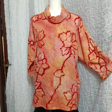 순수 실크 쥐어짜기, 오렌지 꽃무늬, 긴팔, 튜닉, L 사이즈