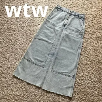 WTW 데님 롱 스커트 라이트 블루 프린지 밑단