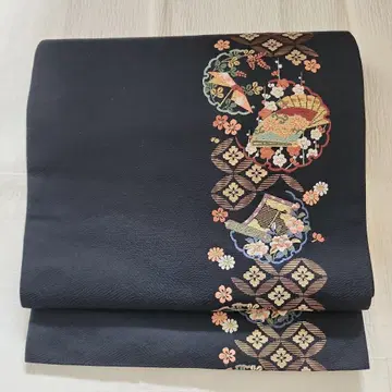 블랙 베이스 순수 실크 후쿠로 오비 칠보 패턴