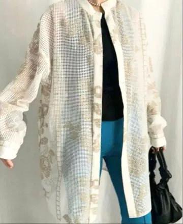 Ameri 메쉬 꽃무늬 프린트 셔츠 긴팔