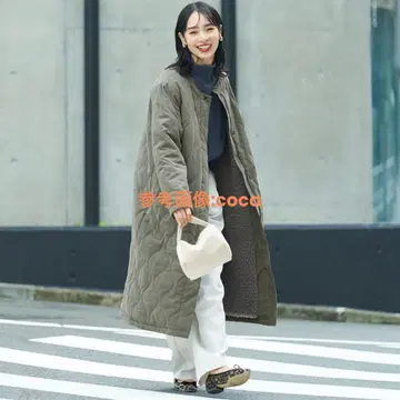 coca 퀼팅 롱 코트: 카키