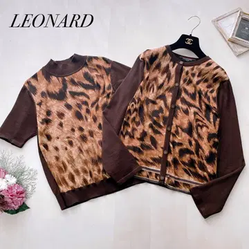 새상품급 레오나르 가디건 니트 앙상블 울 실크 레오파드