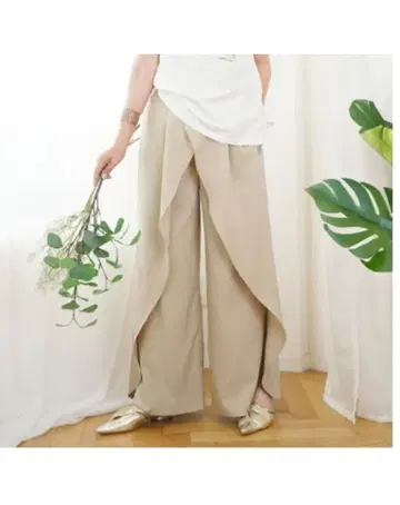 랩 스타일 와이드 팬츠 베이지 블랙