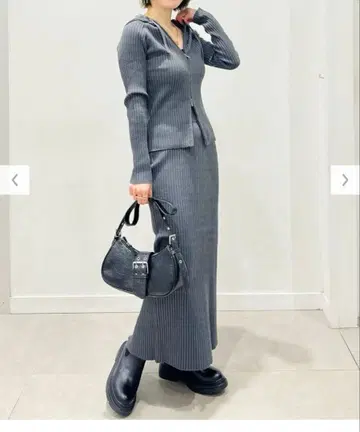 리브 니트 더블 지퍼 후드티 & 내로우 스커트 셋업