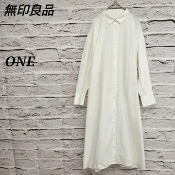 무인양품 ONE 긴팔 풀 버튼 롱 원피스 옷깃 달린 포켓 코튼 화이트