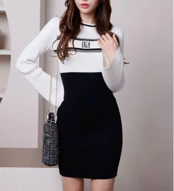 립 서비스 LIP SERVICE LP 라인 리브 니트 원피스 화이트 블랙