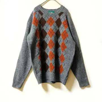 컨디션 최상 아란페인 긴팔 울 아가일 무늬 니트 스웨터 그레이