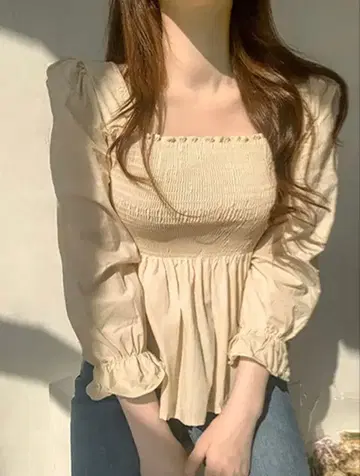 베이지 퍼프 슬리브 블라우스 Asian L(L)