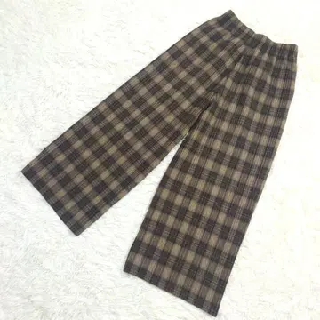 마이니아 체크 이지 팬츠 와이드 팬츠 플리츠 허리밴딩 브라운 M