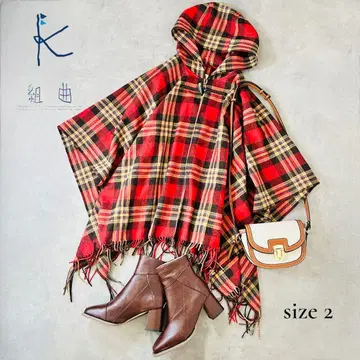 [일본제] KUMIKYOKU 체크 무늬 판초 코트 울 100 레드 M