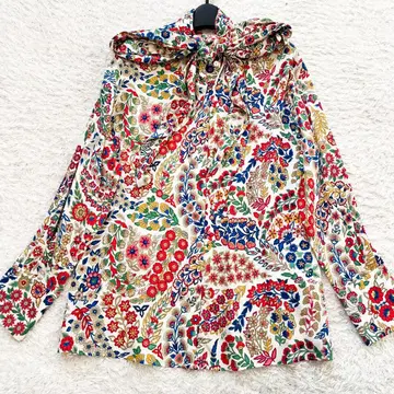 에트로 보타이 블라우스 보타니컬 꽃무늬 로고 프린트 실크 혼방 42