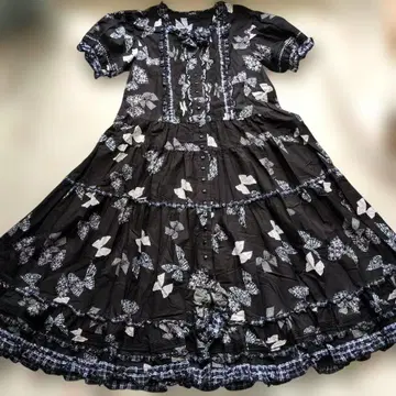 새상품 핑크하우스 깅엄 체크 사용 리본 프린트 원피스