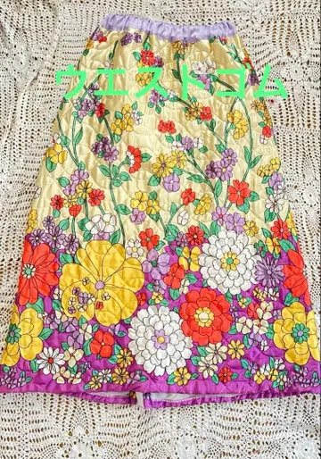 빈티지 80s 꽃무늬 퀼팅 플레어 스커트 미사용 페티코트 포함