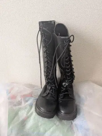 블랙 가죽 롱 부츠 사이드 지퍼 사이즈 L