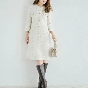 tocco closet 눈송이 장식 단추 트위드 원피스 화이트