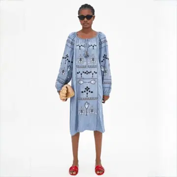 [ ZARA ] trf 자수 데님 원피스 에스닉 긴팔