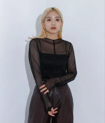 NOMINE 라메 시어 플리츠 상의 (롱T) 블랙