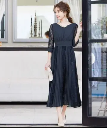 niana 드레스 플리츠 x 레이스 7부 소매 결혼식 원피스 드레스