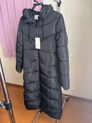 후드 부착 롱 다운 자켓 L 블랙