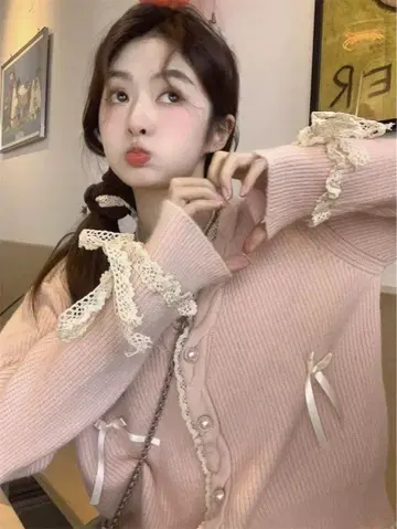 리본 포함 핑크 리브 편직 가디건