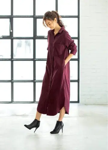 P 사이즈 STYLE DELI 버건디 롱 셔츠 원피스